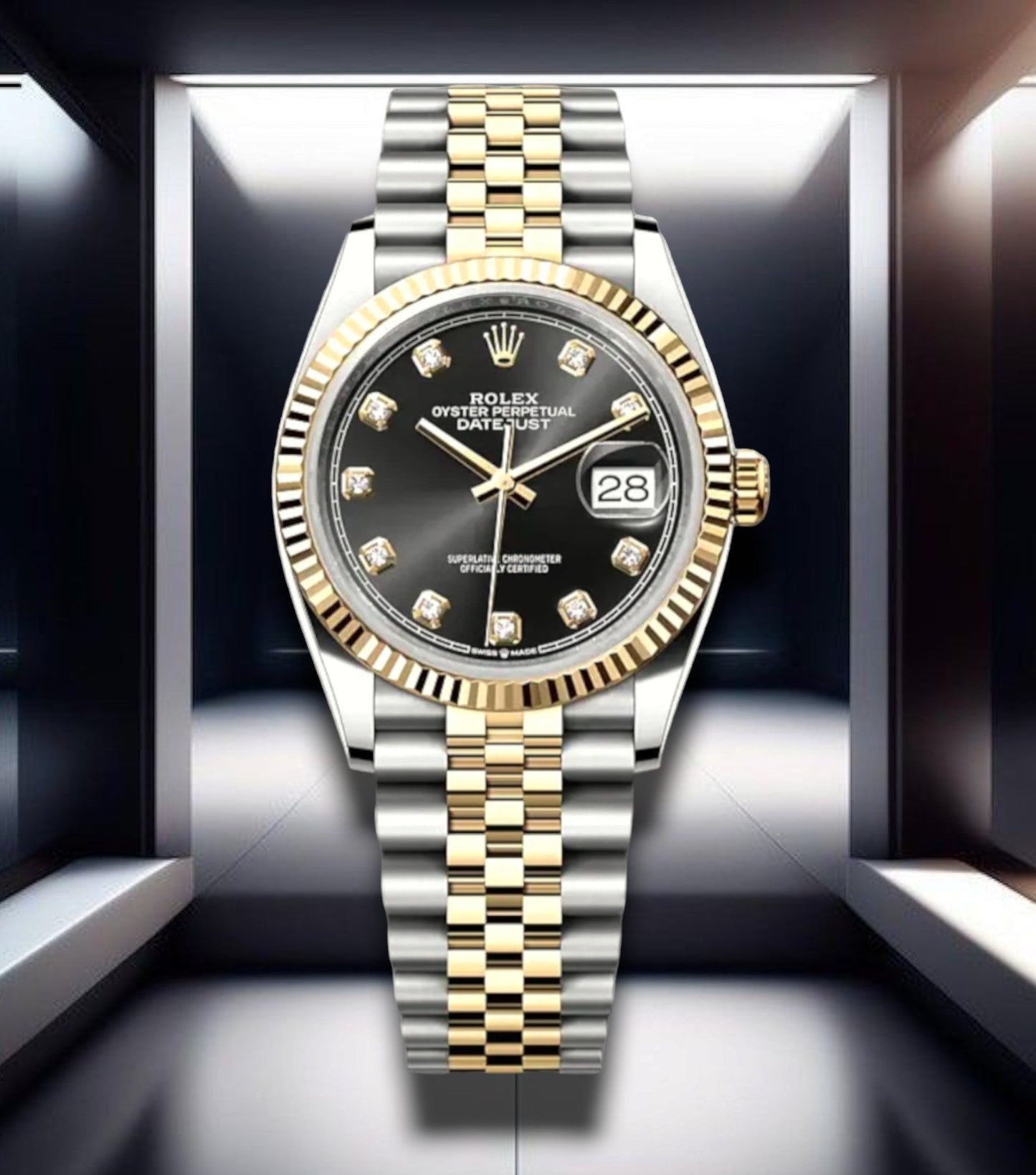 Datejust 36 Two Tone Yellow Gold Black Dial Diamonds Jubilee