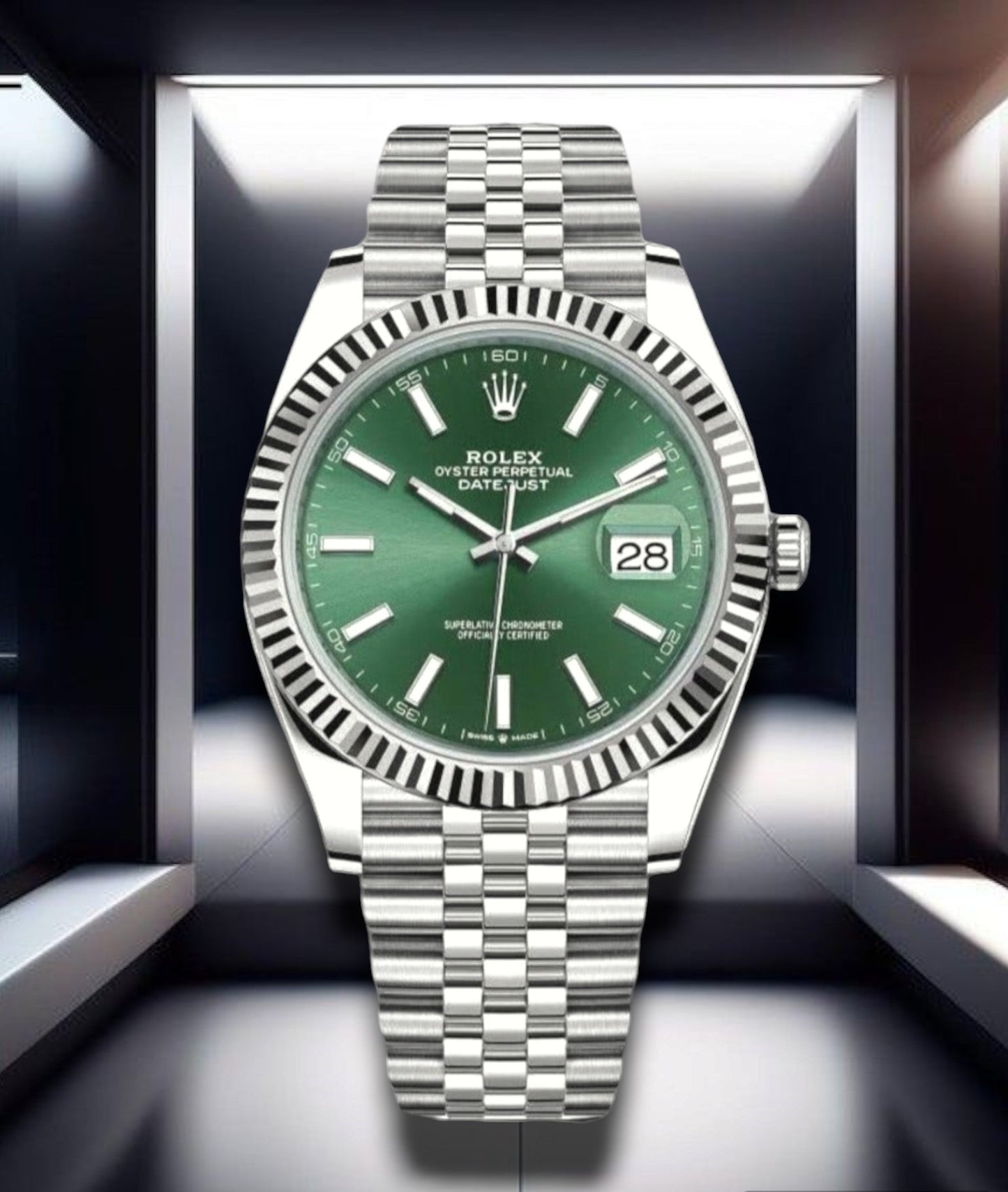 Datejust 41 Steel Green Dial Fluted Bezel Jubilee