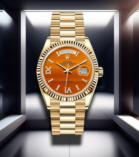 Day-Date Gold Carnelian Orange Diamonds Dial President 36mm