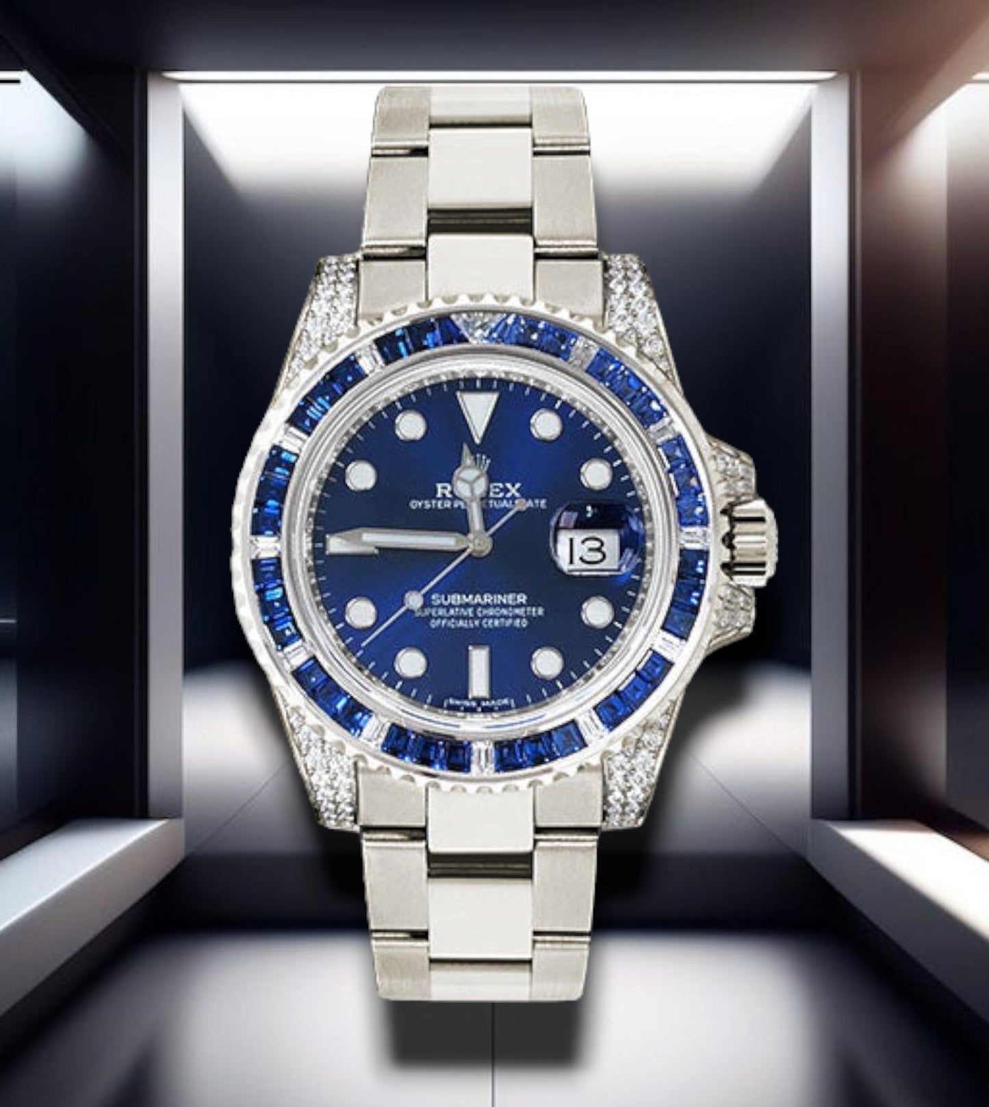 Submariner Custom Blue Crystals Bezel Clear Crystals Case 40mm 