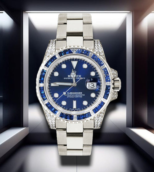 Submariner Custom Blue Crystals Bezel Clear Crystals Case 40mm 