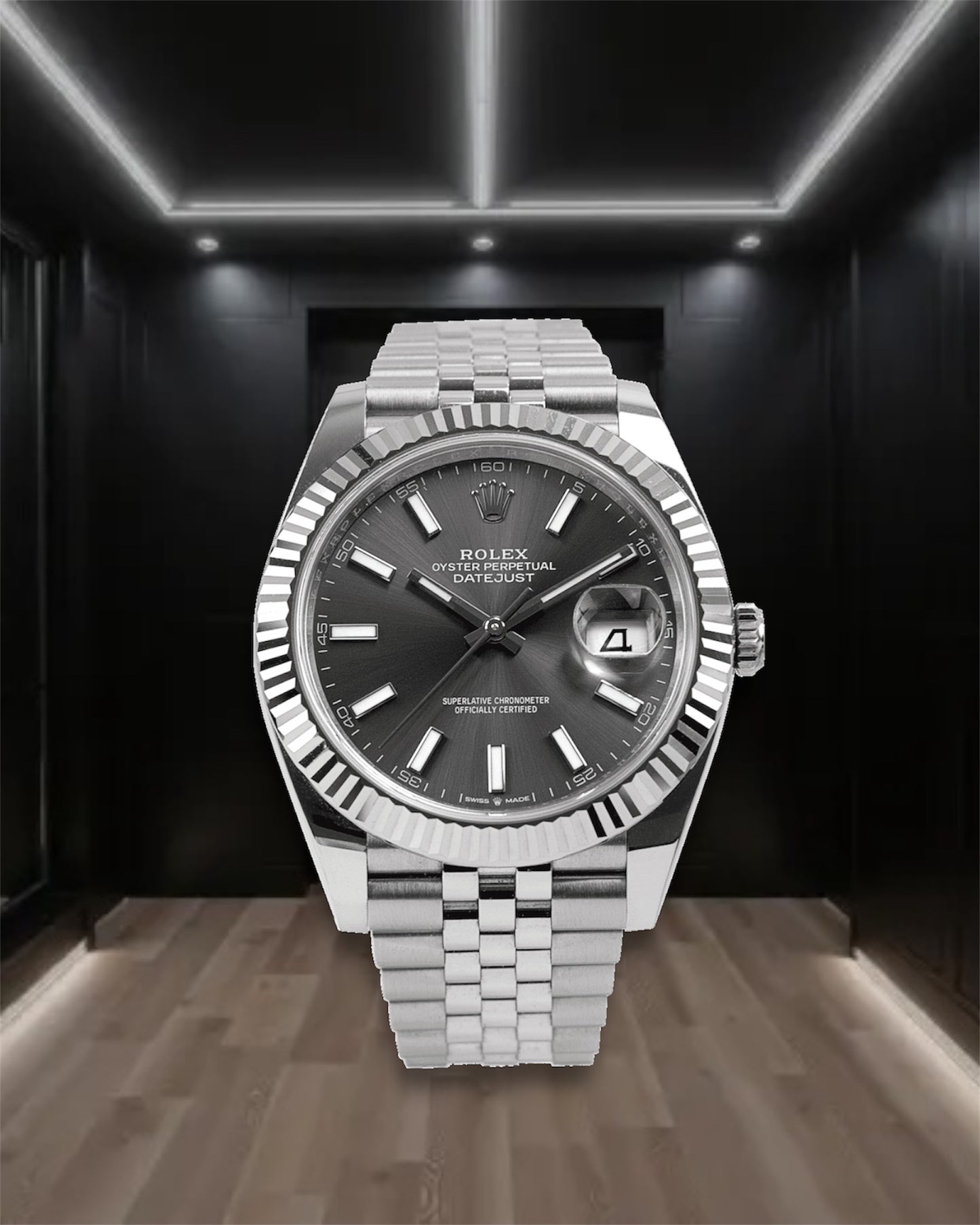 Datejust 41 Steel Dark Grey Dial Stick Markers Fluted Bezel Jubilee