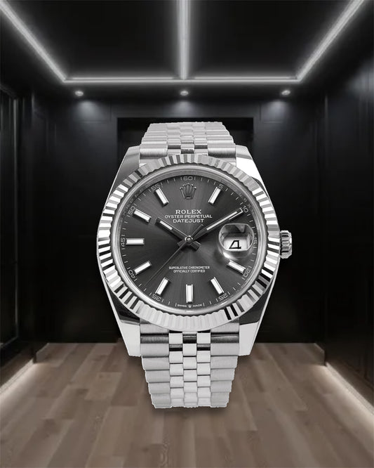 Datejust 41 Steel Dark Grey Dial Stick Markers Fluted Bezel Jubilee