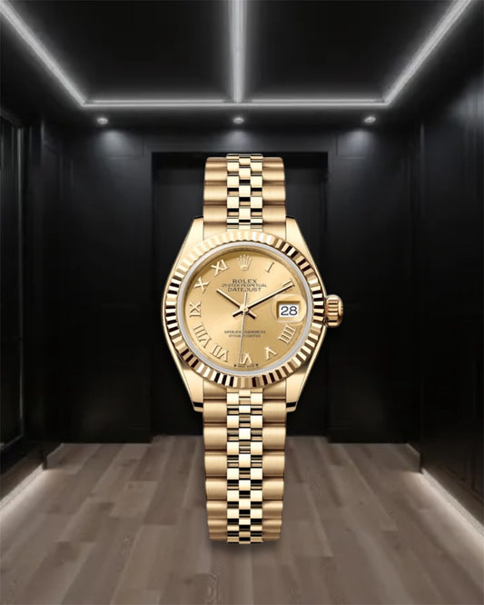 Lady Datejust 28 Gold Champagne Dial Fluted Bezel Roman Markers Jubilee