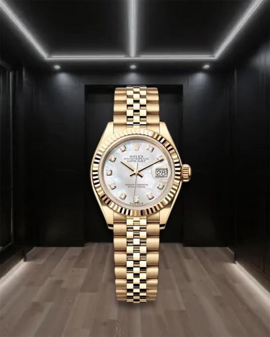 Lady Datejust 28 Gold White “Mother Of Pearl” Dial Fluted Bezel Diamond Markers Jubilee