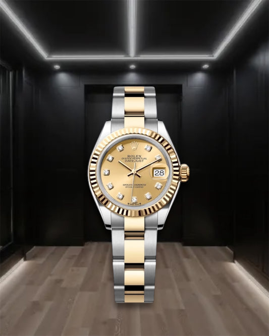 Lady Datejust 28 Two Tone Gold Champagne Dial Fluted Bezel Diamond Markers Oyster