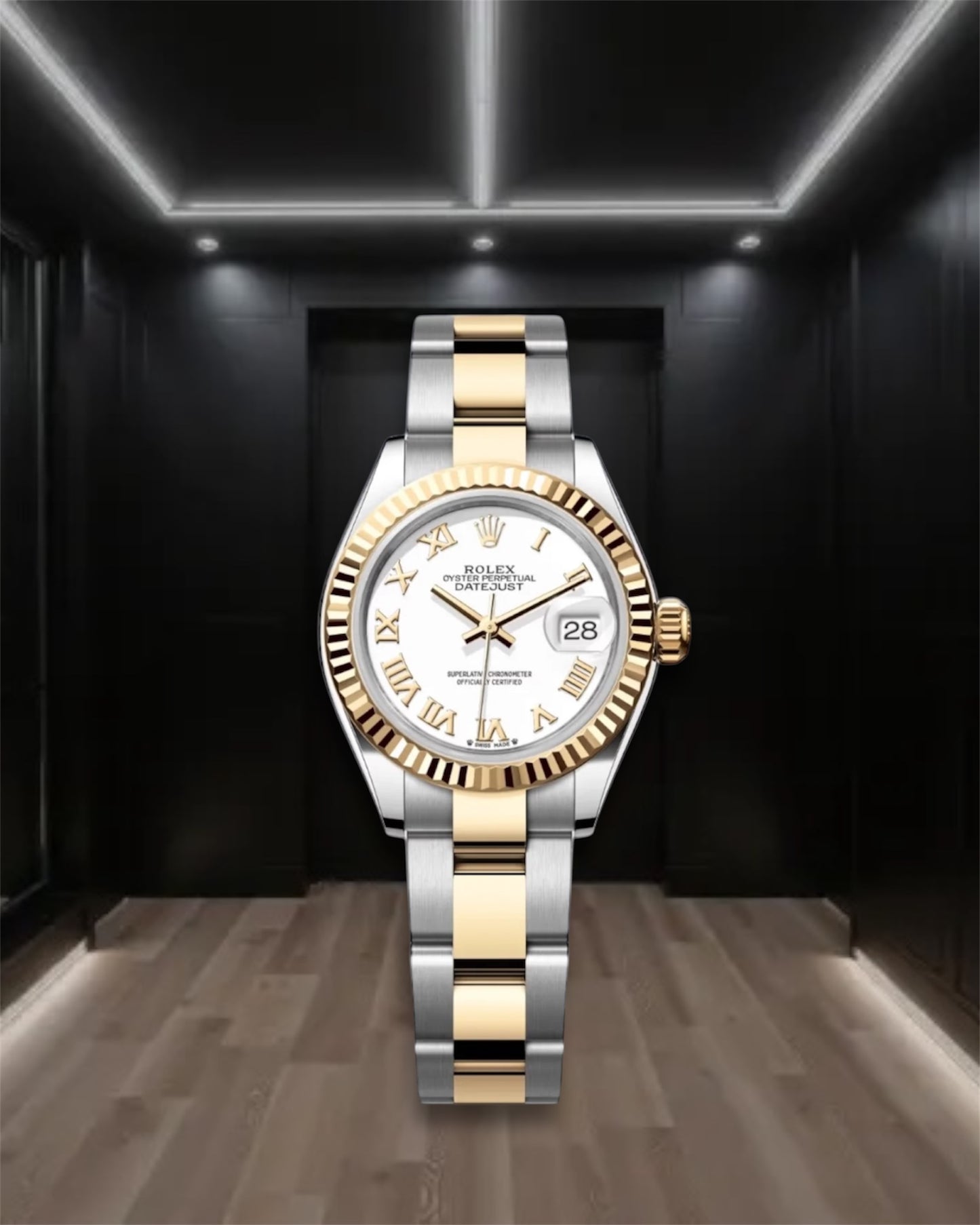 Lady Datejust 28 Two Tone Gold White Dial Fluted Bezel Roman Markers Oyster