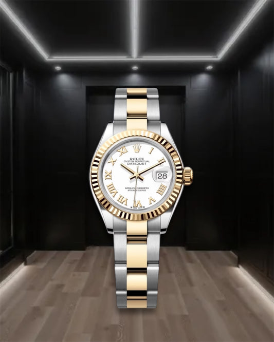 Lady Datejust 28 Two Tone Gold White Dial Fluted Bezel Roman Markers Oyster