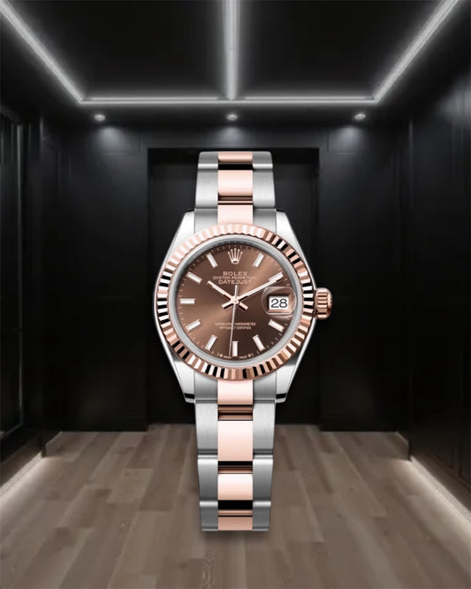 Lady Datejust 28 Two Tone Everose Gold Chocolate Dial Fluted Bezel Stick Markers Oyster