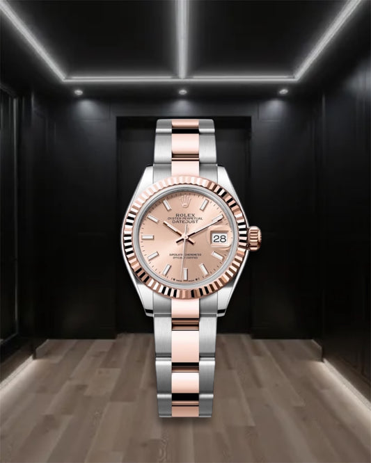 Lady Datejust 28 Two Tone Everose Gold Rose Dial Fluted Bezel Stick Markers Oyster