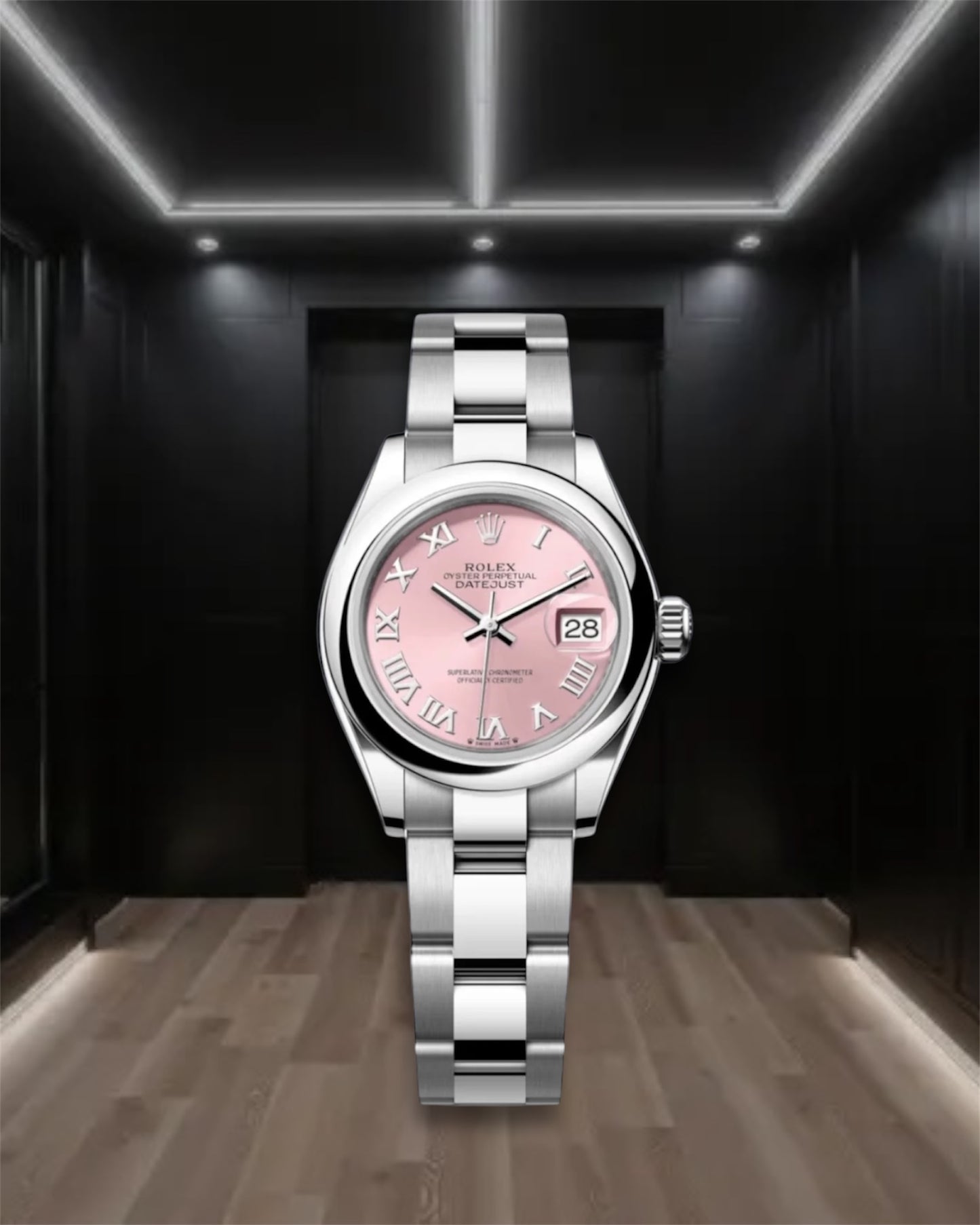 Lady Datejust 28 Steel Rose Dial Domed Bezel Roman Markers Oyster