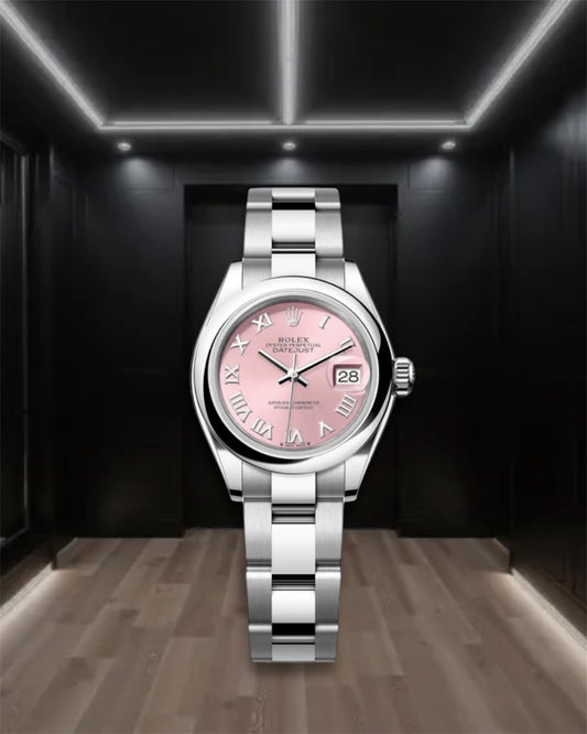 Lady Datejust 28 Steel Rose Dial Domed Bezel Roman Markers Oyster