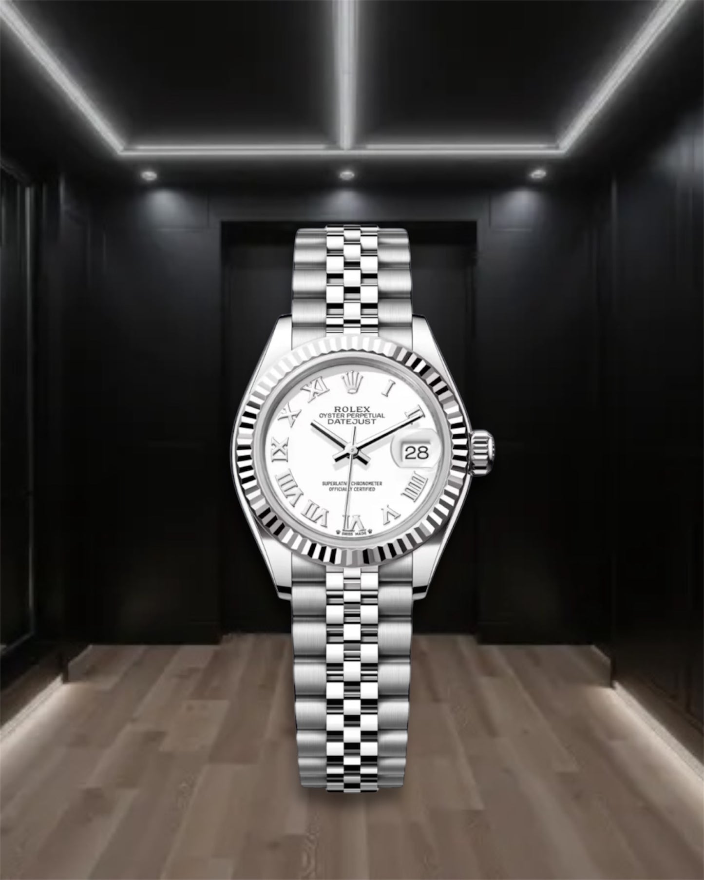 Lady Datejust 28 Steel White Dial Fluted Bezel Roman Markers Oyster