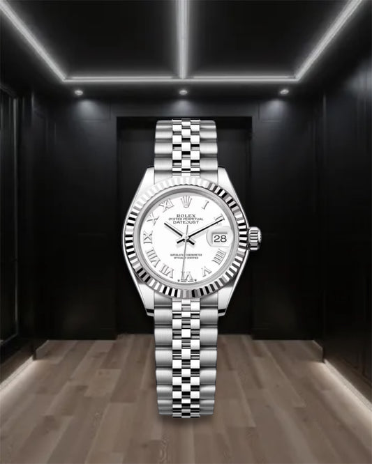 Lady Datejust 28 Steel White Dial Fluted Bezel Roman Markers Oyster