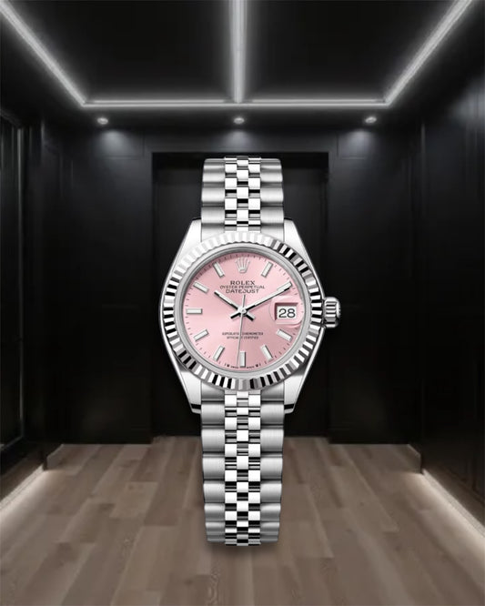 Lady Datejust 28 Steel Rose Dial Fluted Bezel Stick Markers Jubilee