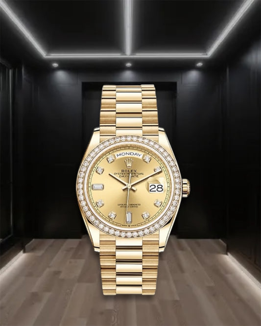 Day-Date Yellow Gold Champagne Dial Diamond Bezel President 36mm