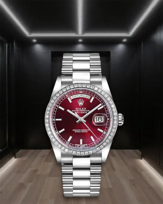 Day-Date Steel Cherry Dial Diamond Bezel President 36mm