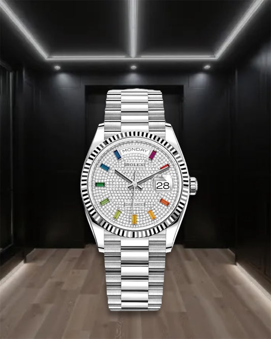 Day-Date Steel Pave Rainbow Dial Diamond Bezel President 36mm