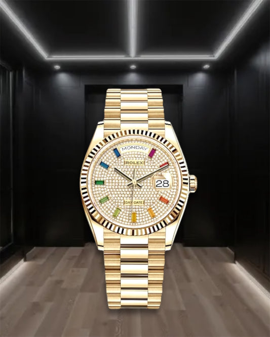 Day-Date Yellow Gold Pave Rainbow Dial Diamond Bezel President 36mm