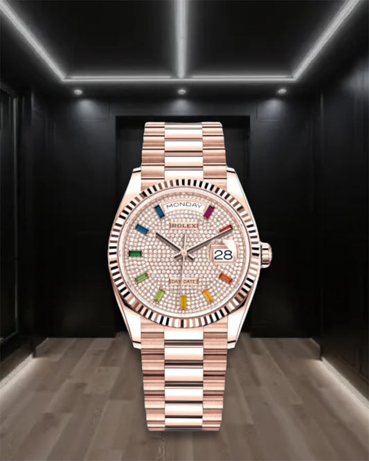 Day-Date Everose Gold Pave Rainbow Dial Diamond Bezel President 36mm