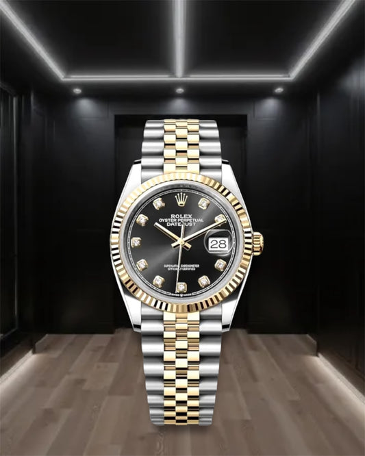 Datejust 36 Two Tone Yellow Gold Black Dial Diamonds Jubilee