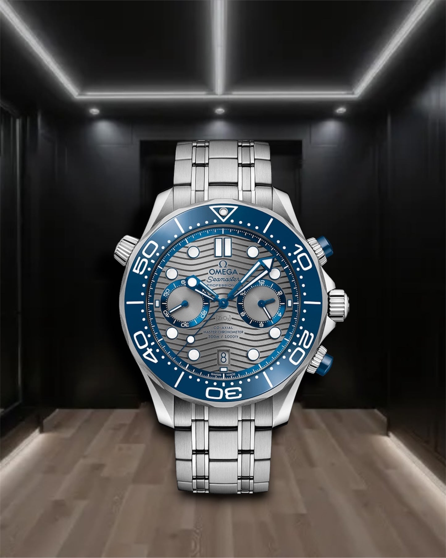 Omega Seamaster Diver 300M Chronograph Steel Grey Dial Blue Bezel 44mm