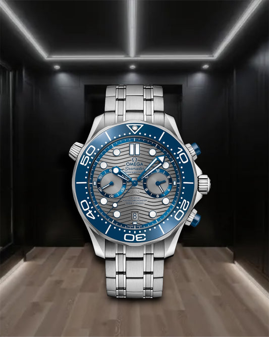 Omega Seamaster Diver 300M Chronograph Steel Grey Dial Blue Bezel 44mm