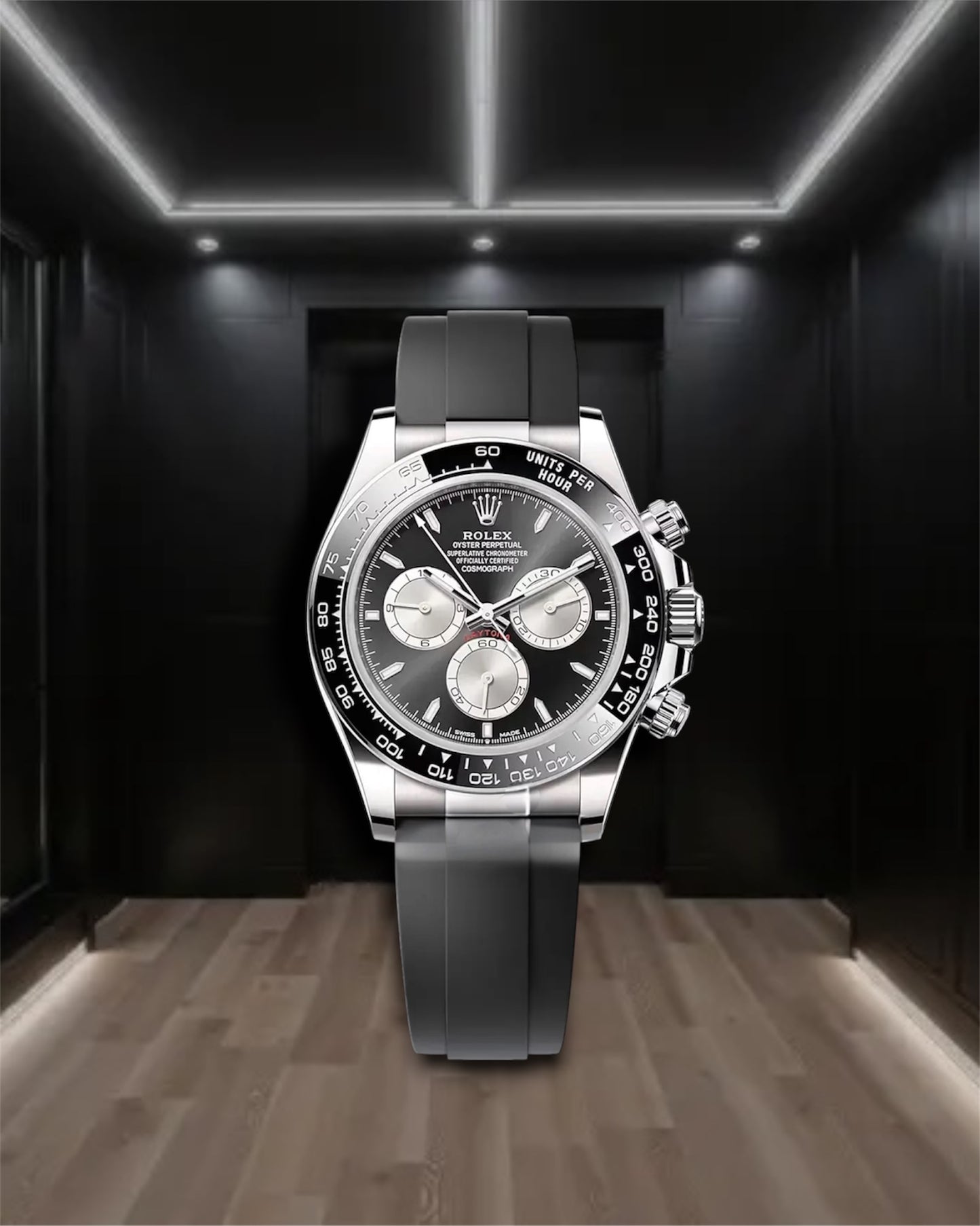 Daytona Cosmograph Black Dial Black Bezel Silver Chronographs Oysterflex 