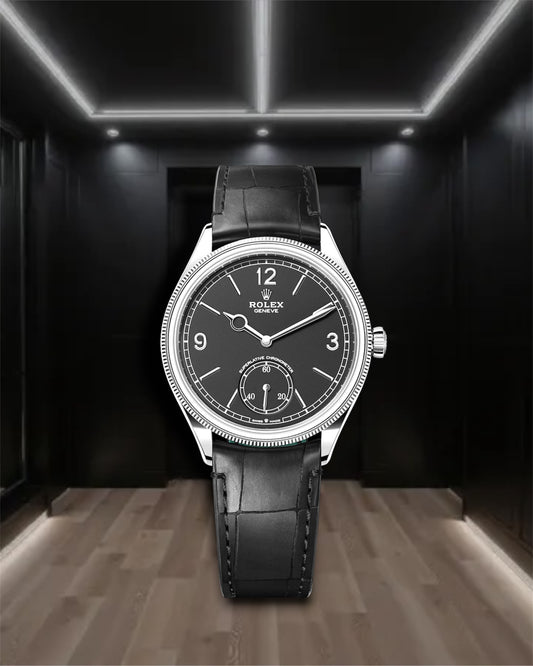 Perpetual 1908 Steel Black Dial Black Leather Strap 39mm Ref 52509-0002