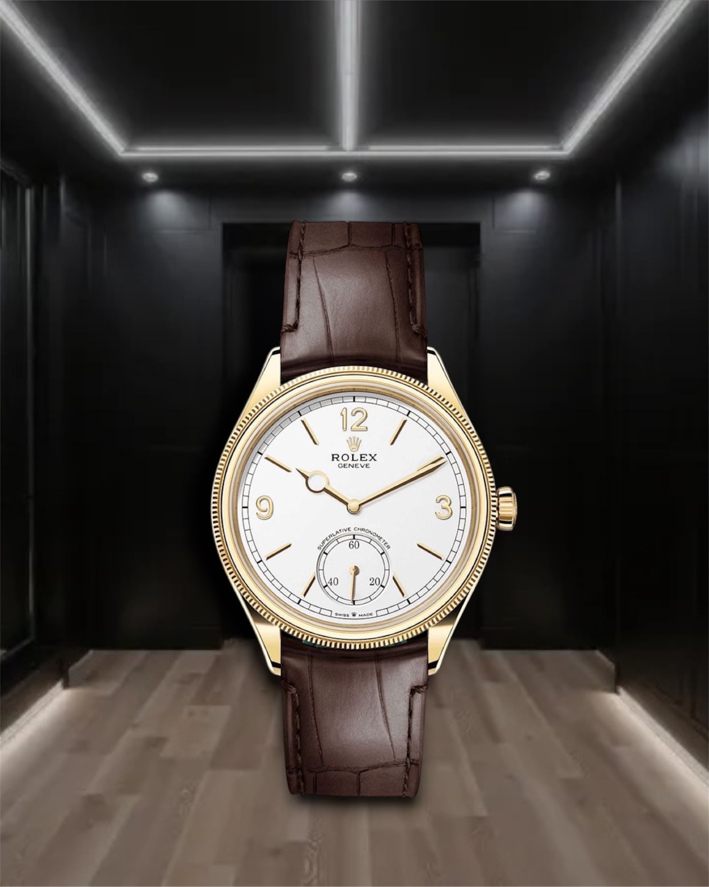 Perpetual 1908 Gold White Dial Brown Leather Strap 39mm Ref 52508-0006