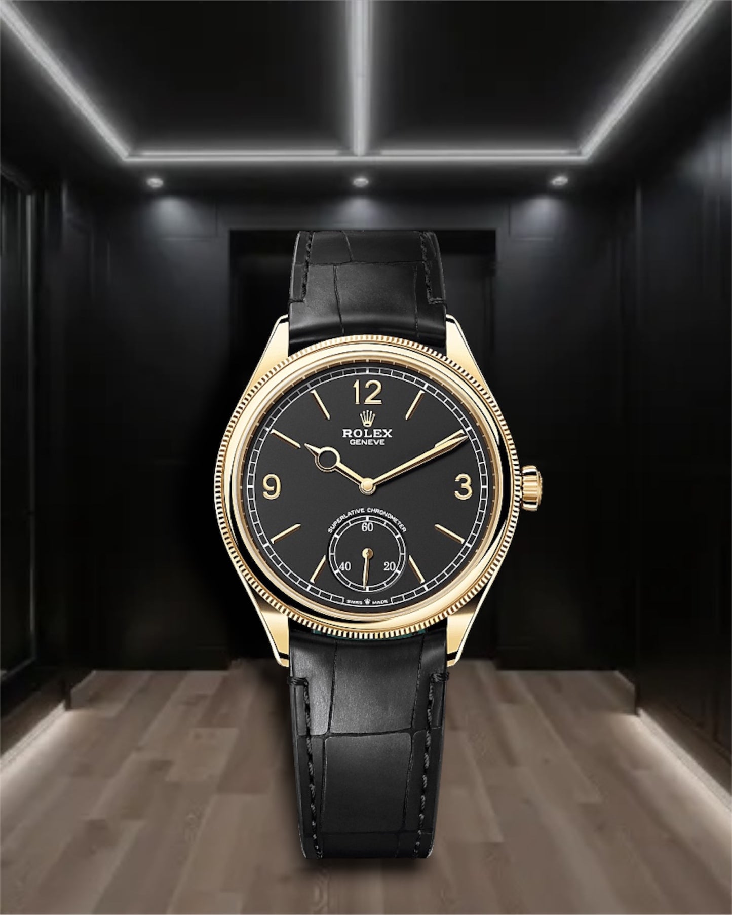 Perpetual 1908 Gold Black Dial Black Leather Strap 39mm Ref 52508-0002