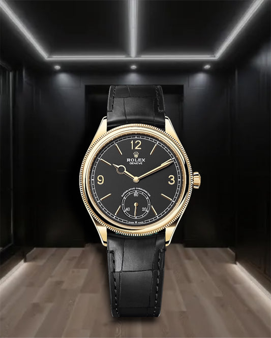 Perpetual 1908 Gold Black Dial Black Leather Strap 39mm Ref 52508-0002