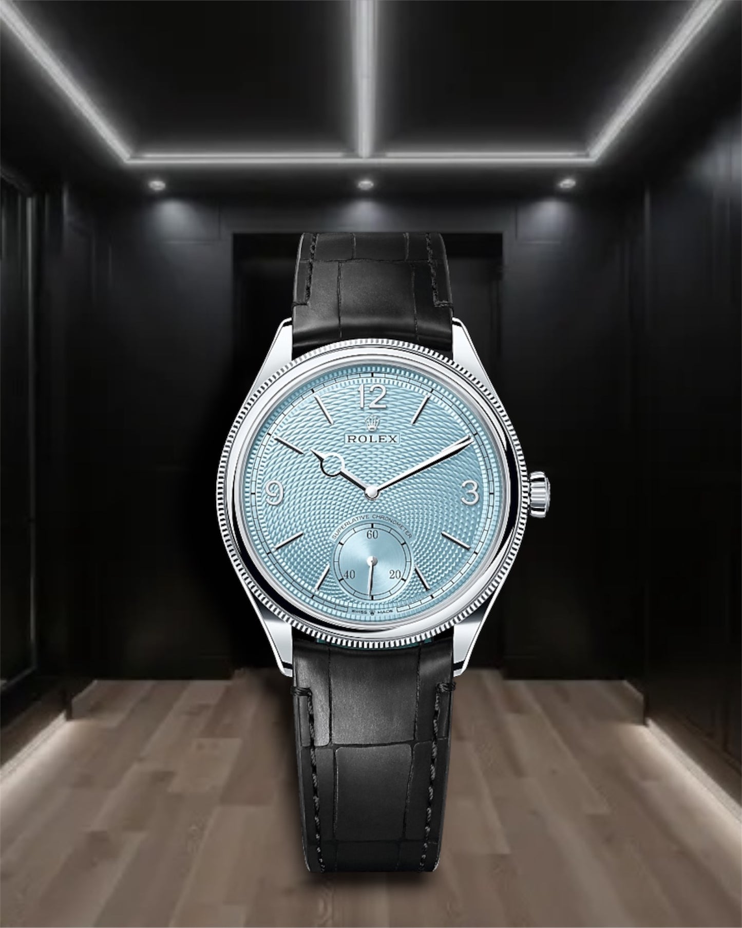 Perpetual 1908 Steel Ice Blue Dial Black Leather Strap 39mm Ref M52506-0002