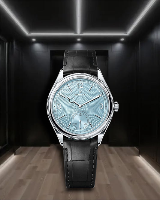 Perpetual 1908 Steel Ice Blue Dial Black Leather Strap 39mm Ref M52506-0002